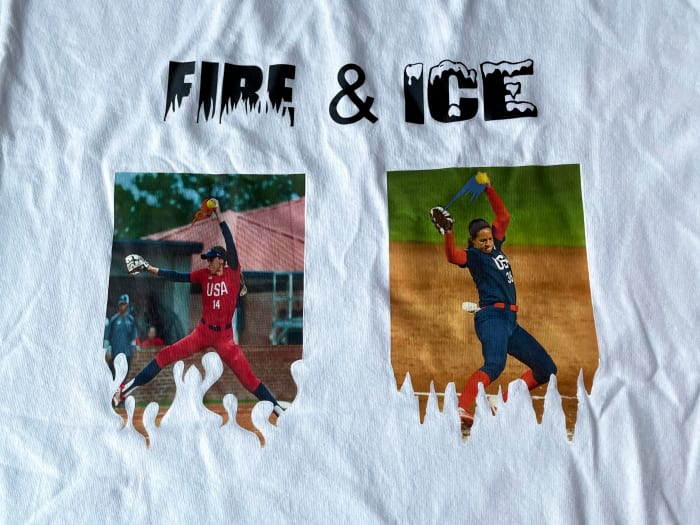 Monica Abbott and Cat Osterman featured on Team USA softball t-shirts.